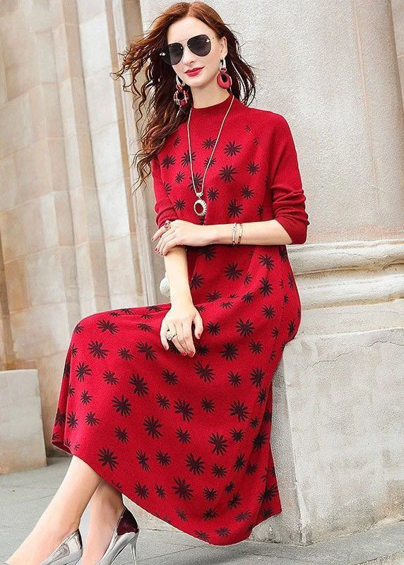 maxi dresses for casual FridaysModern Red High Neck Print Exra Large Hem Fine Knitted Long Dress Long Sleeve