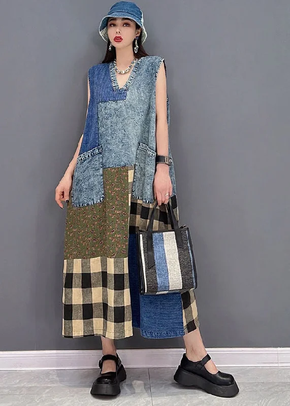 maxi dresses with keyhole backsBeautiful Blue V Neck Pockets Patchwork Plaid Cotton Denim Long Dresses Sleeveless