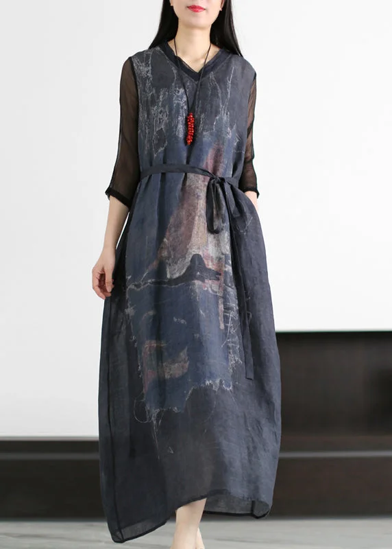 velvet maxi dressesItalian Dark Blue V Neck Tie Waist Patchwork Linen Long Dresses Half Sleeve