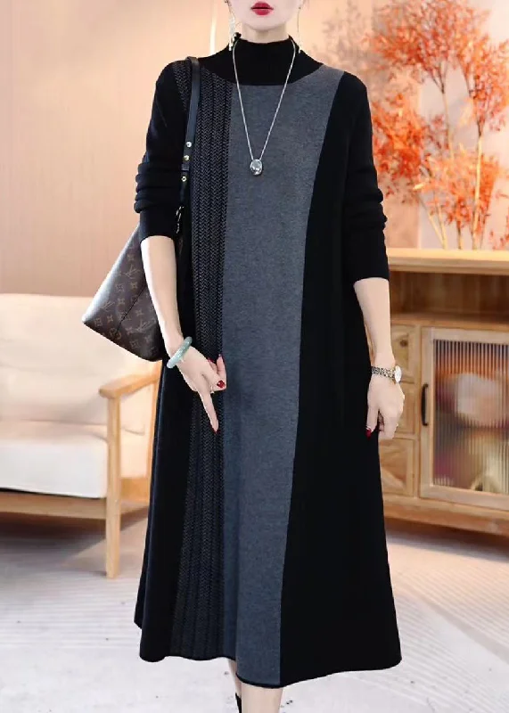 maxi dresses for layeringUnique Colorbloc Turtleneck Cotton Knit Long Sweater Dress Winter