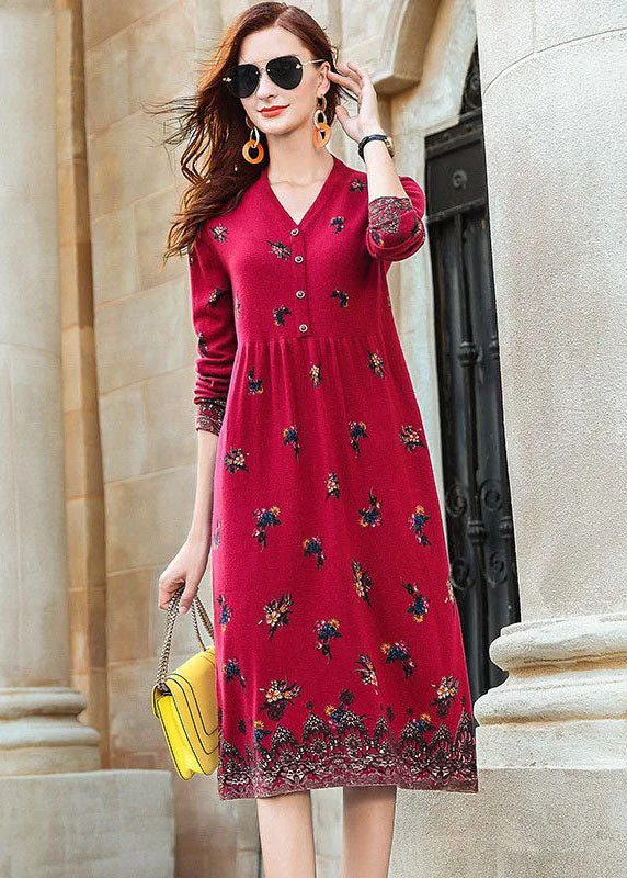 silk maxi dressesFashion Red V Neck Print Knit Long Dresses Spring