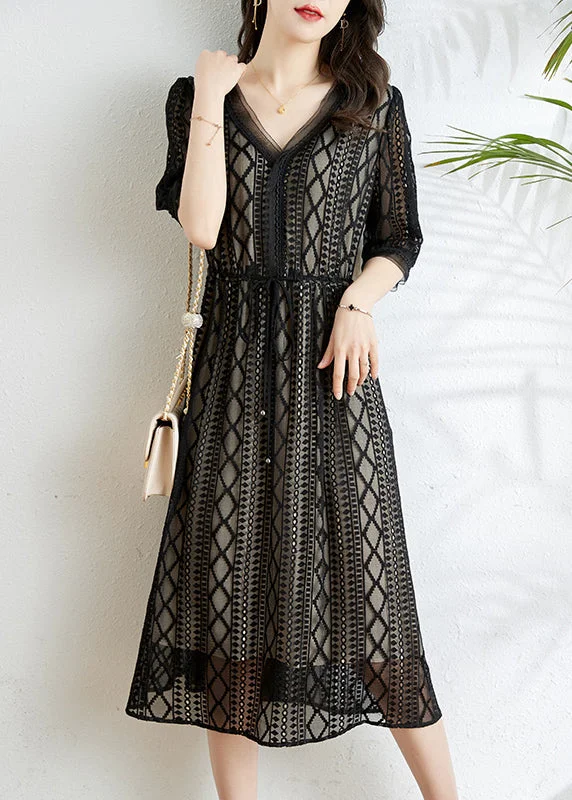 maxi dresses for layeringFashion Black V Neck Tie Waist Silk Long Dress Half Sleeve