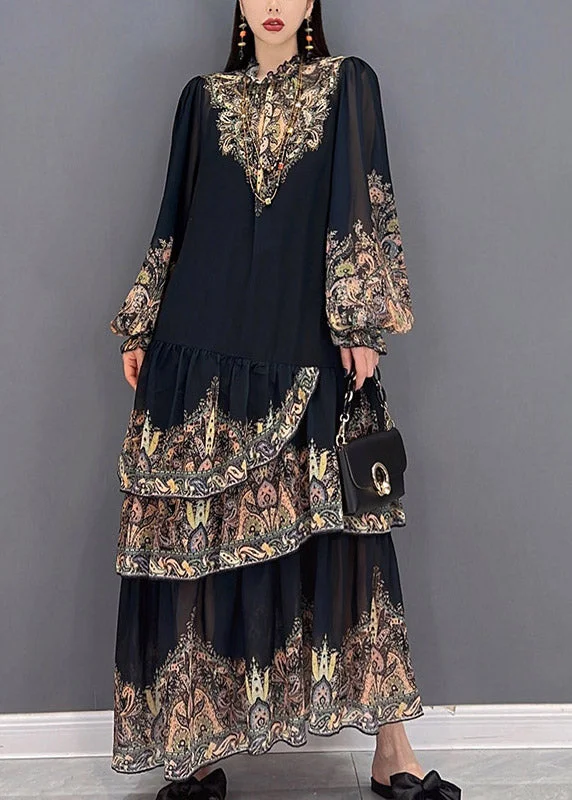 maxi dresses for flower girlsBeautiful Black Stand Collar Ruffled layered Print Chiffon Long Dress lantern sleeve