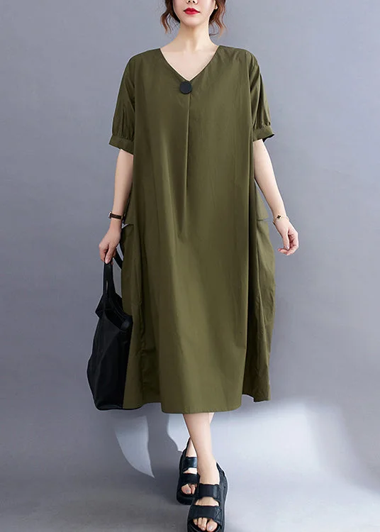 maxi dresses with flutter sleevesStyle Army Green V Neck Pockets Cotton Long Dresses Summer