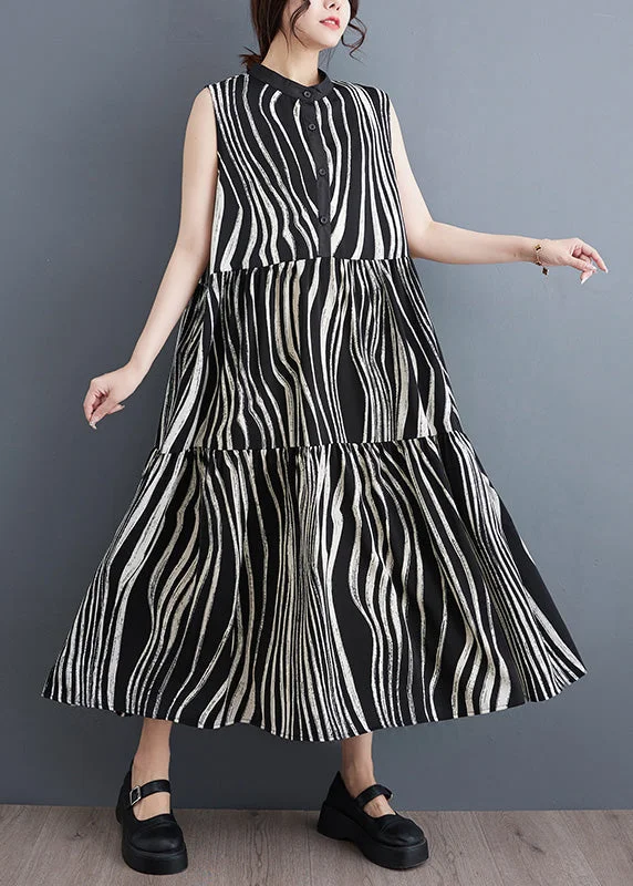 maxi dresses for curvesItalian Black Striped Stand Collar Patchwork Button Long Dress Summer