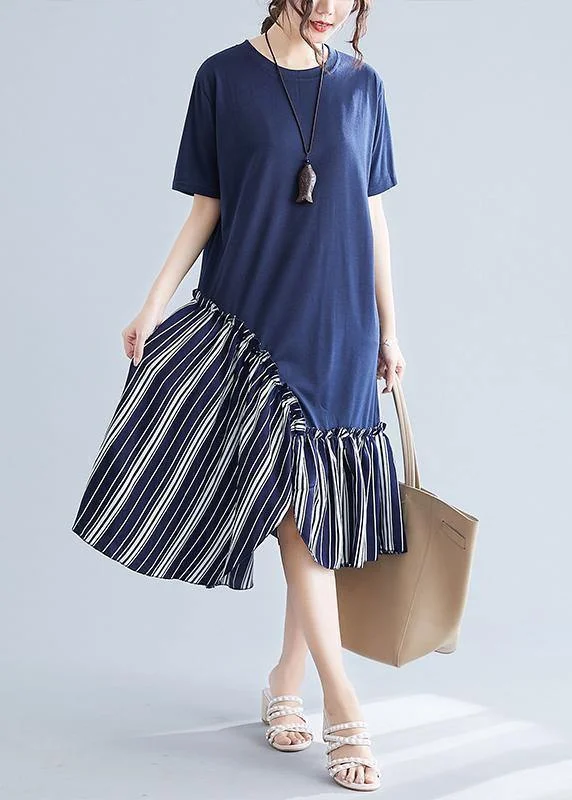 maxi dresses for semi-formal eventsSimple navy patchwork striped cotton Tunics o neck long summer Dress