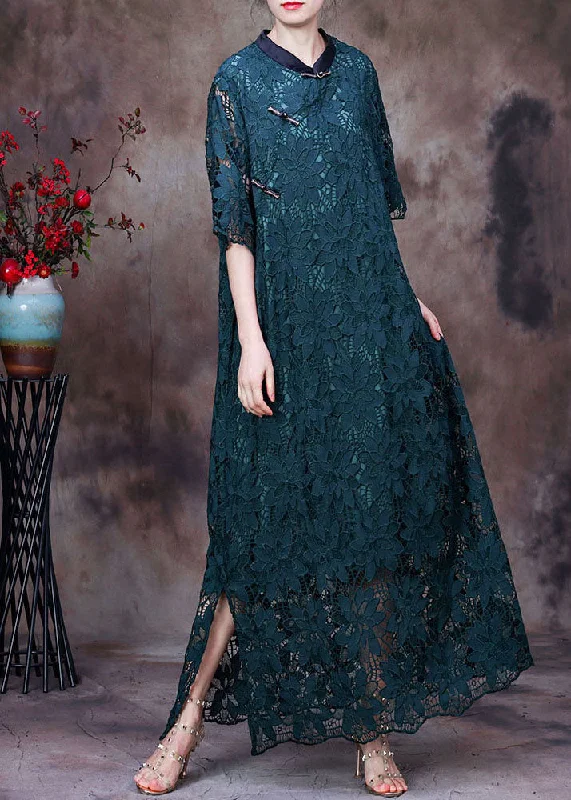 casual maxi dressesVintage Green Stand Collar Patchwork Side Open Lace Long Dresses Half Sleeve