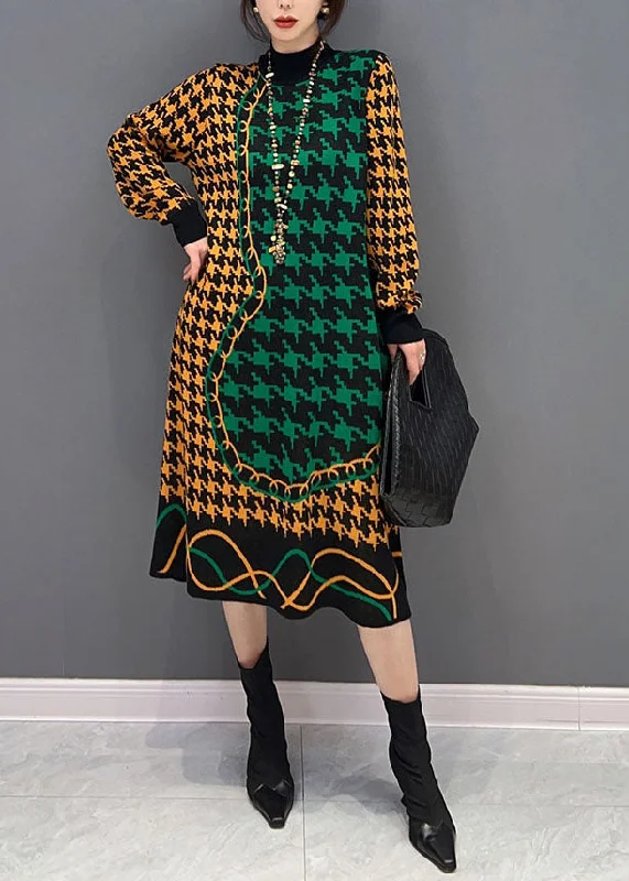 maxi dresses for outdoor weddingsWomen Colorblock Hign Neck Original Design Plaid Long Knit Dress Winter