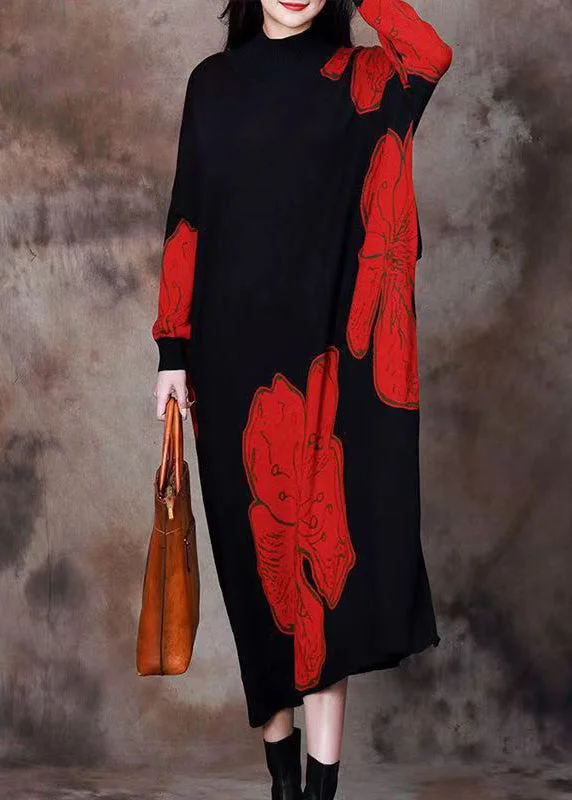 maxi dresses with cold-shoulder cutsLoose Red O Neck Print Knitting Cotton Long Dresses Spring