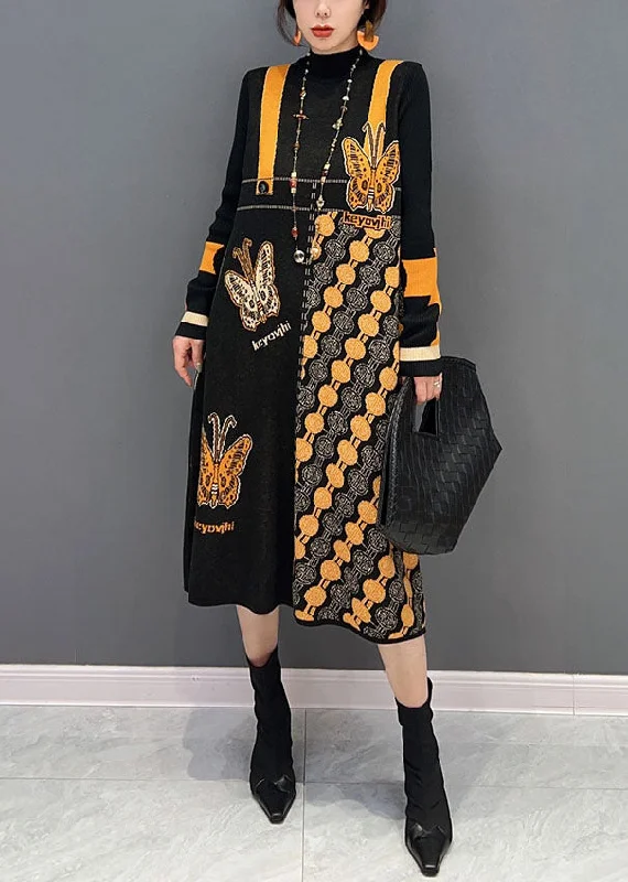 maxi dresses for black-tie eventsSlim Fit Colorblock Hign Neck Print Patchwork Long Knit Dress Winter