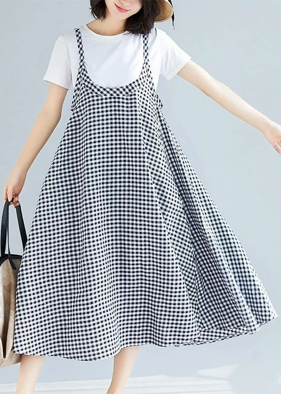 maxi dresses under $50Loose Spaghetti Strap cotton Long Fashion black white Plaid Dresses Summer