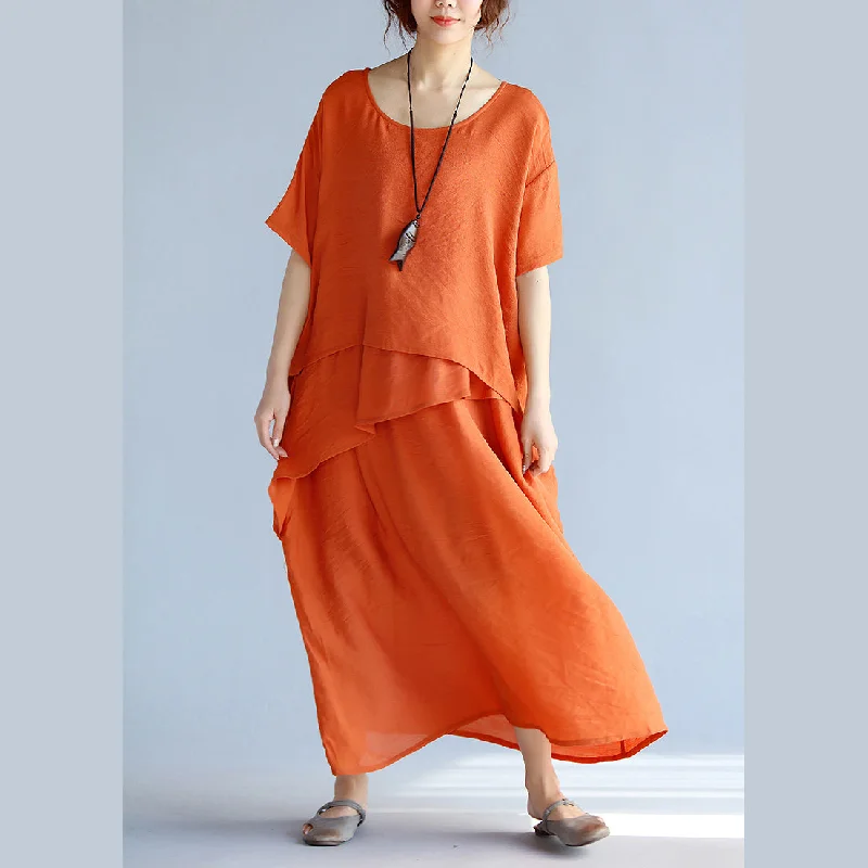 vintage maxi dressesNew orange long linen dresses plus size clothing layered cotton dresses New short sleeve linen cotton dress