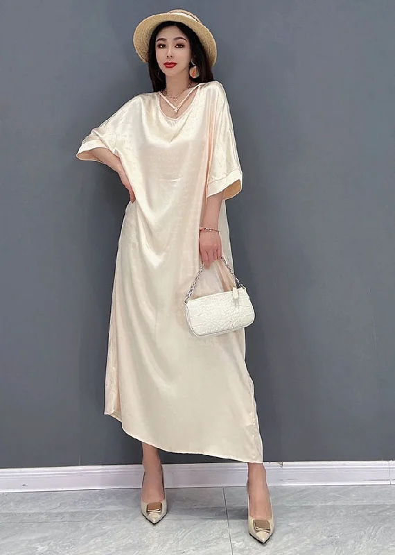 maxi dresses for teens2024 Beige O-Neck Oversized Tie Waist Silk Long Dress Half Sleeve