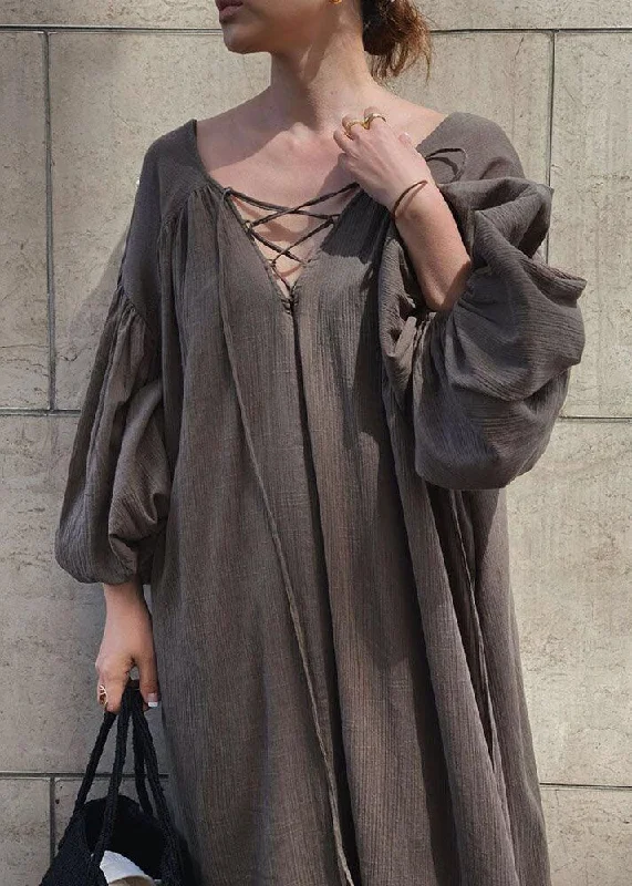 casual maxi dressesFrench Brown V Neck Backless Lace Up Cotton Long Dress Lantern Sleeve