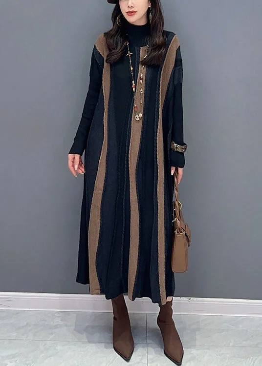 vintage maxi dressesLoose Brown Striped Turtleneck Patchwork Knit Long Dresses Long Sleeve