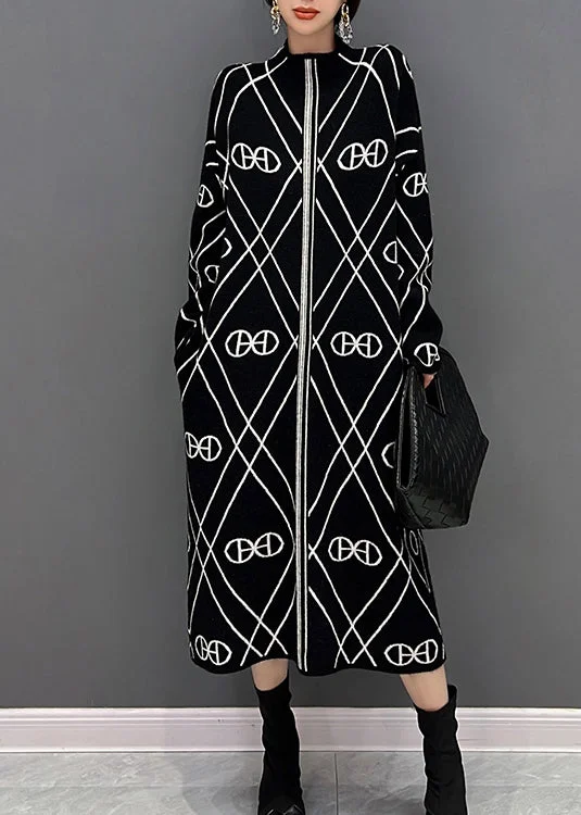 maxi dresses for womenUnique Black Stand Collar White Striped Patchwork Knit Long Dress Fall