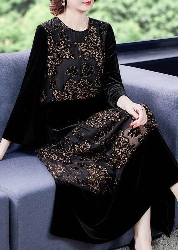 cotton maxi dressesNew Black O Neck Print Patchwork Silk Velour Long Dress Fall