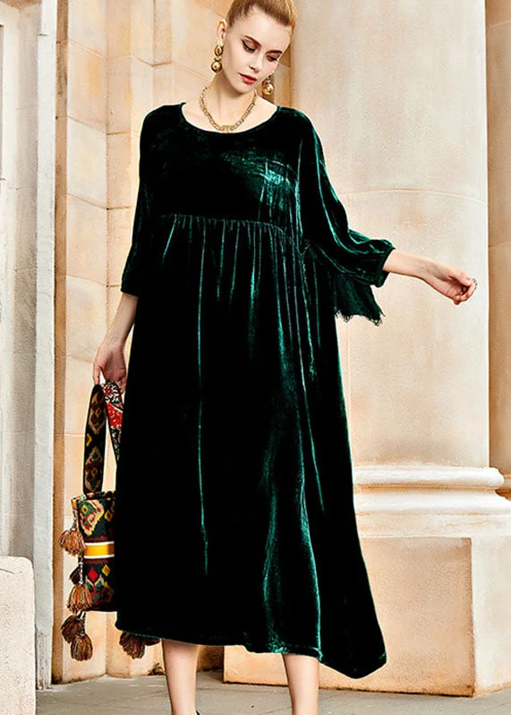 maxi dresses with sequined detailsSimple Blackish Green O-Neck Wrinkled Patchwork Silk Velvet Long Dresses Fall