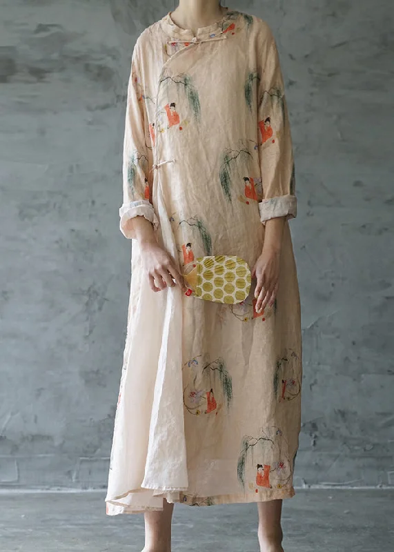 maxi dresses under $50Beautiful Light Pink Mandarin Collar Print Patchwork Linen Long Dress Long Sleeve