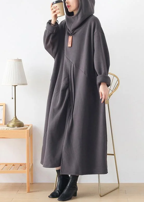 maxi dresses with keyhole backsClassy dark gray Tunic hooded asymmetric long Dresses