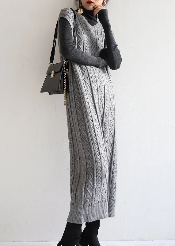 maxi dresses with mermaid silhouettesModern Grey V Neck Cable Long Knit Waistcoat Sweaters Dress Fall