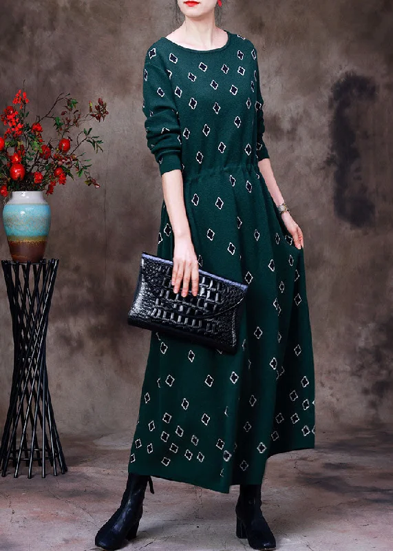 vintage maxi dressesSlim Fit Green O-Neck Drawstring Print Knit Long Dress Long Sleeve