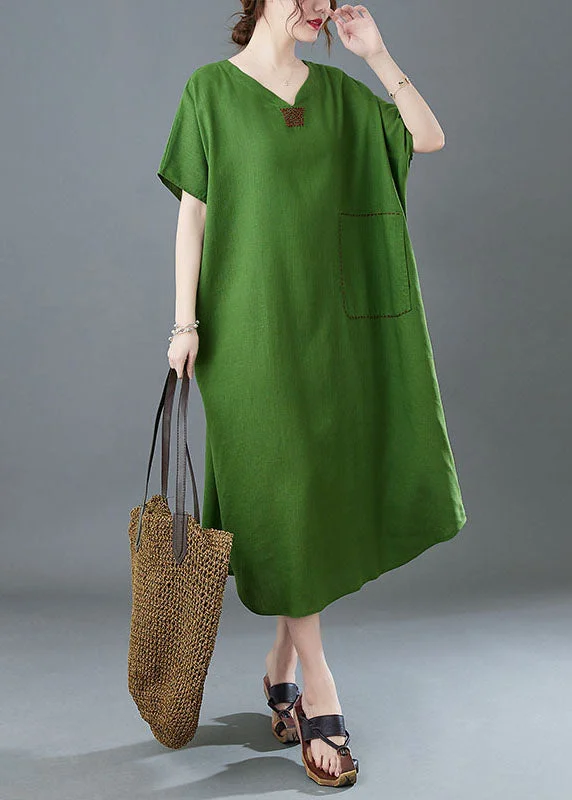 maxi dresses with buttonsItalian Green V Neck Embroideried Patchwork Linen Long Dresses Summer