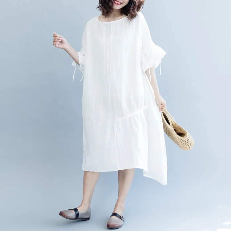 satin maxi dresseswomen white long cotton linen dress plus size O neck drawstring caftans fine Petal Sleeve baggy dresses