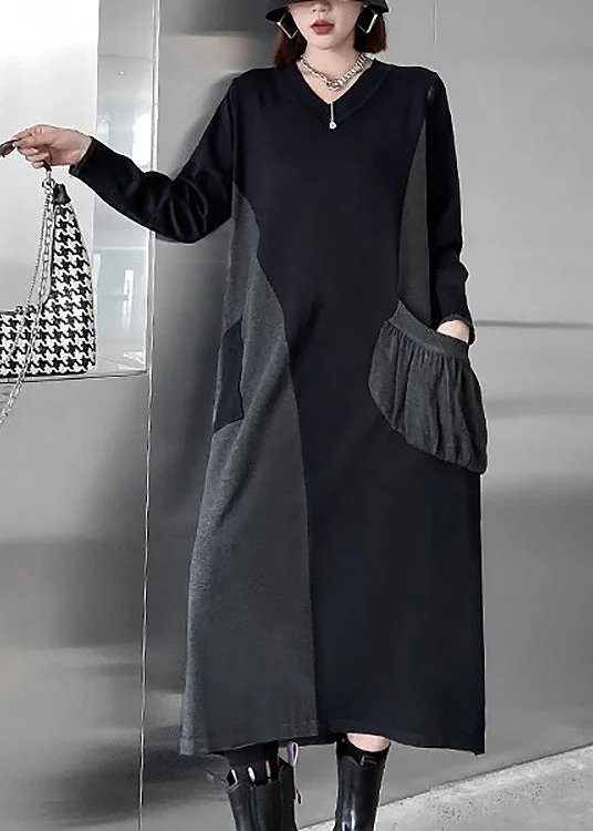 maxi dresses for girlsBohemian Black V Neck Patchwork Cozy Knit Long Sweater Dress Winter