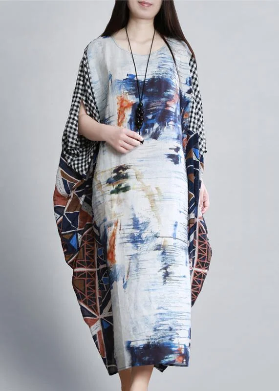 maxi dresses with short sleevesElegant o neck Batwing Sleeve Long dress Runway blue white print Dress