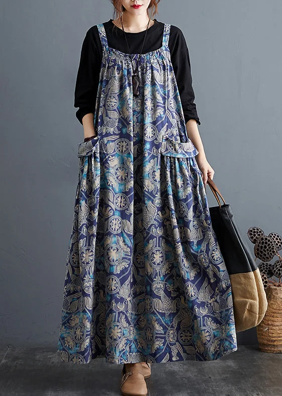 maxi dresses with pocketsBeautiful Blue Print Pockets Patchwork Cotton Long Dresses Sleeveless