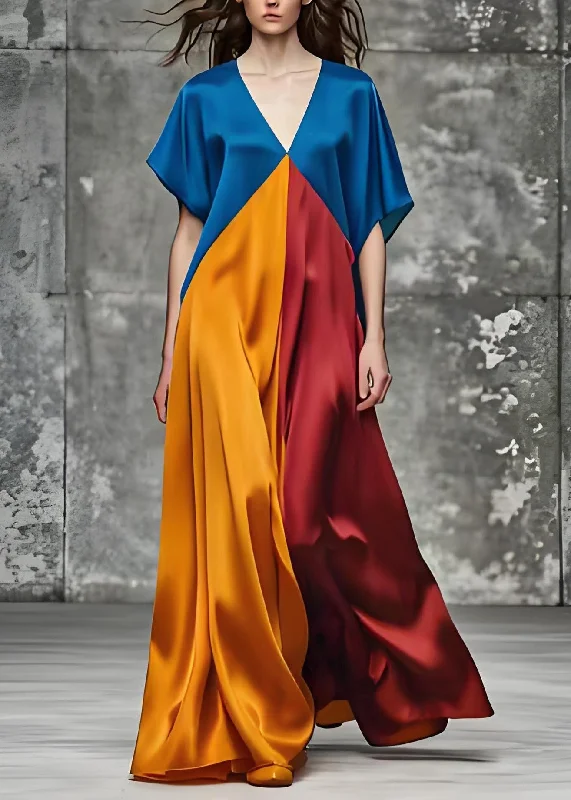 solid color maxi dressesItalian Colorblock V Neck Loose Silk Long Dress Summer