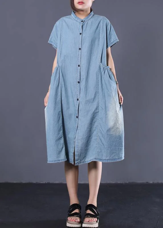 maxi dresses for everyday wearElegant denim blue cotton clothes Women Cinched pockets long summer Dresses