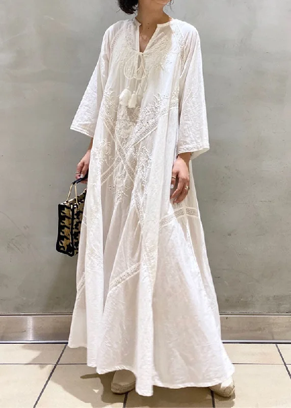 maxi dresses with long sleevesSimple White Embroidered Hollow Out Cotton Long Dresses Spring