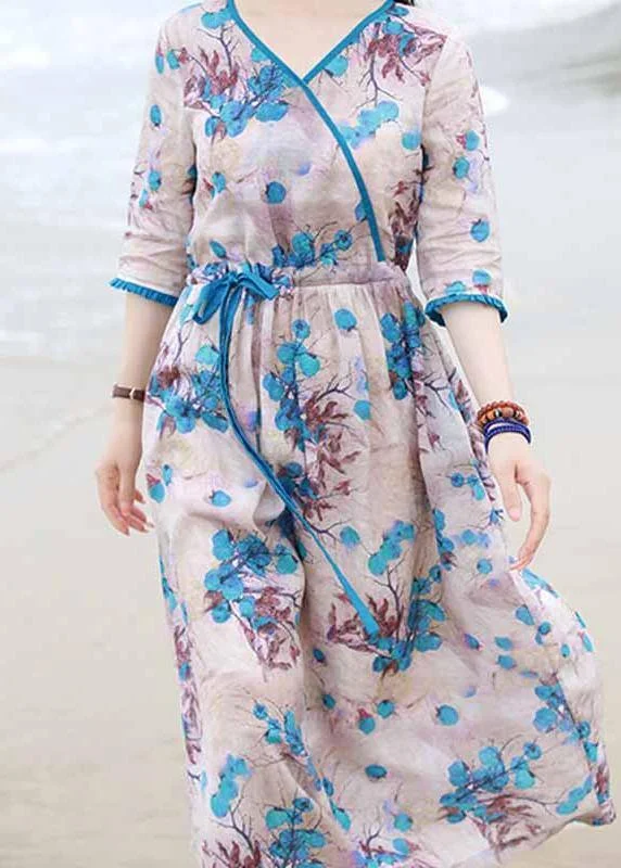 maxi dresses with high slitsFrench blue print dress v neck drawstring long spring Dress