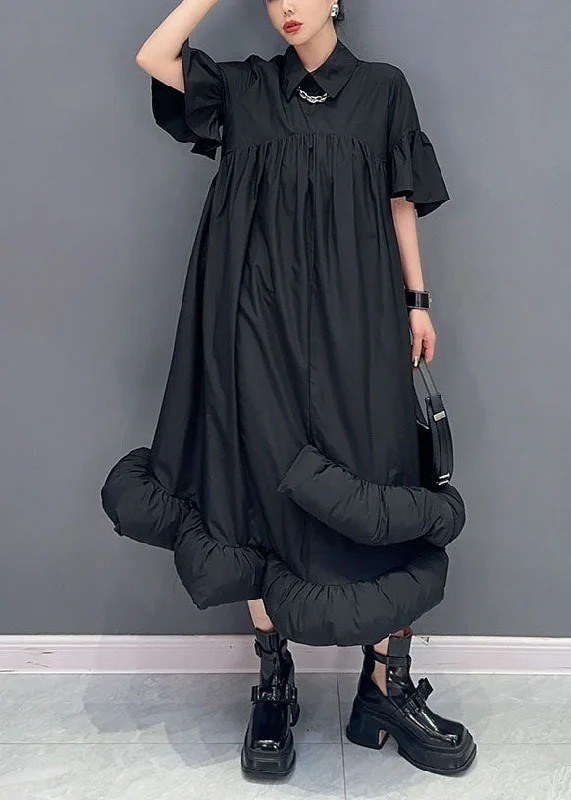 maxi dresses with beltsBlack Patchwork Cotton Long Dresses Peter Pan Collar Wrinkled Summer