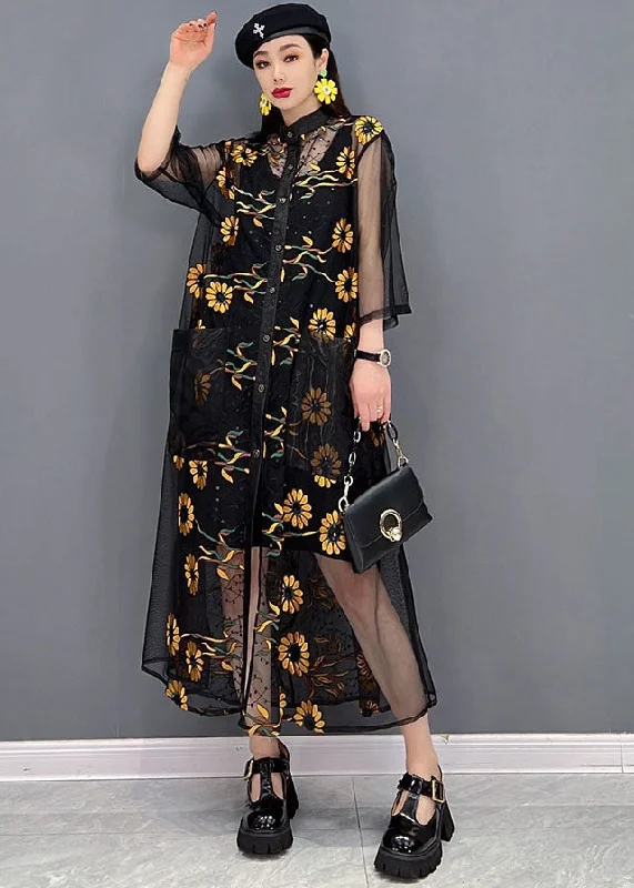 maxi dresses for outdoor weddingsBeautiful Black Hollow Out Floral Print Tulle UPF 50+ Long Shirt Dress Summer