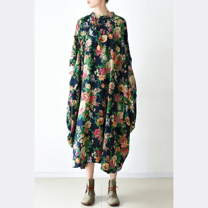 maxi dresses with short sleeves2024 fall navy baggy floral linen dresses oversized caftans long cotton dress