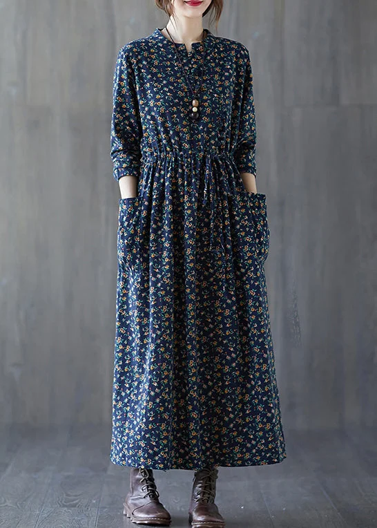 cotton maxi dressesFrench Navy Print Lace Up Patchwork Cotton Long Dress Fall