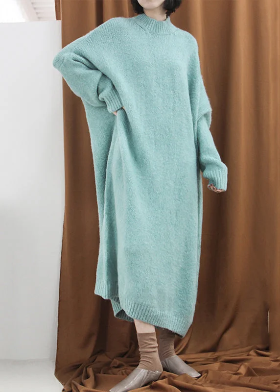 maxi dresses for plus sizeLoose Blue Green Turtleneck Cozy Cotton Knit Long Dress Fall