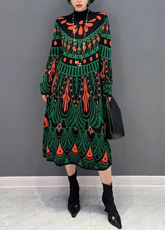 affordable maxi dressesFashion Green Hign Neck Print Knit Long Dress Winter