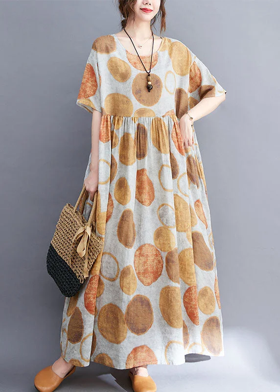 floral maxi dressesPlus Size Yellow O-Neck Wrinkled Dot Print Linen Long Dress Short Sleeve