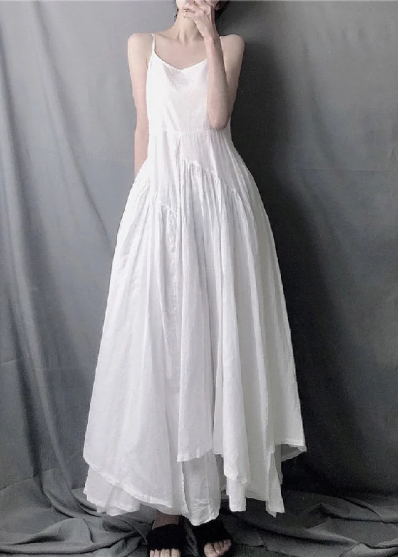 chiffon maxi dressesElegant White Asymmetrical Layered Wrinkled Spaghetti Strap Long Dress Sleeveless