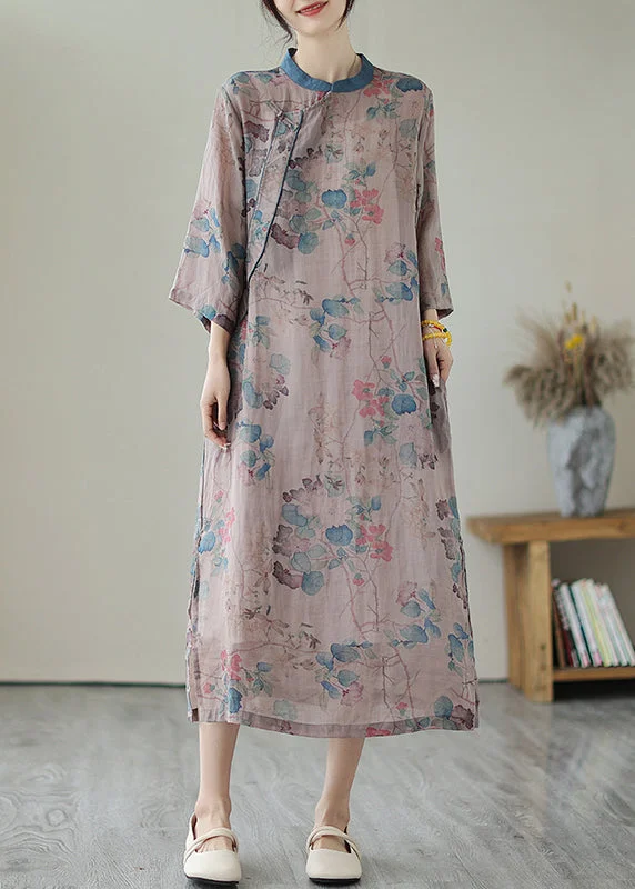 maxi dresses with short sleevesRetro Purple Grey Print Side Open Linen Long Dresses Summer