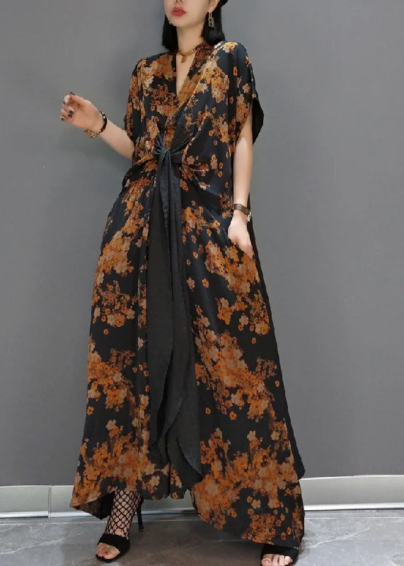 maxi dresses with pockets and sleevesBohemian Yellow tie waist Print Silk long Dress Spring