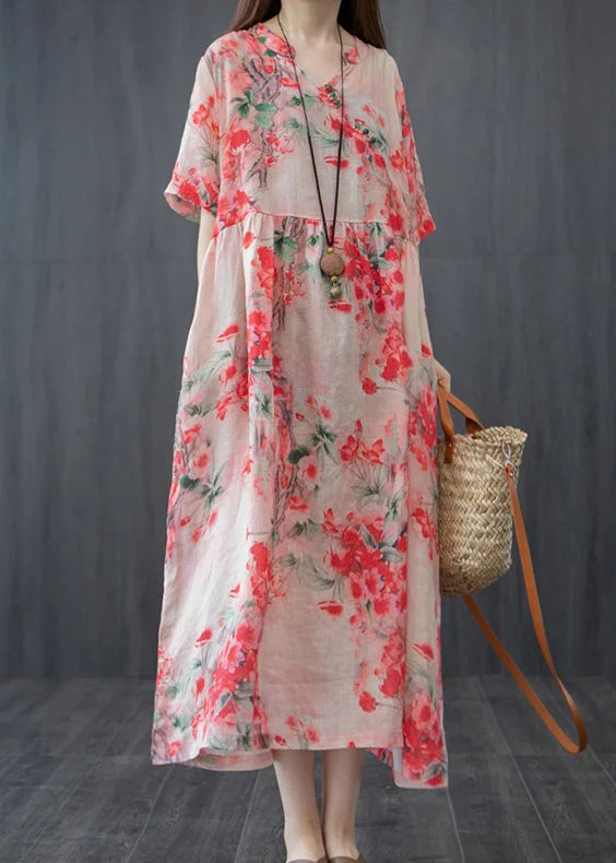 maxi dresses for day-to-night wearFrench Red Wrinkled V Neck Floral Linen Long Dress Short Sleeve