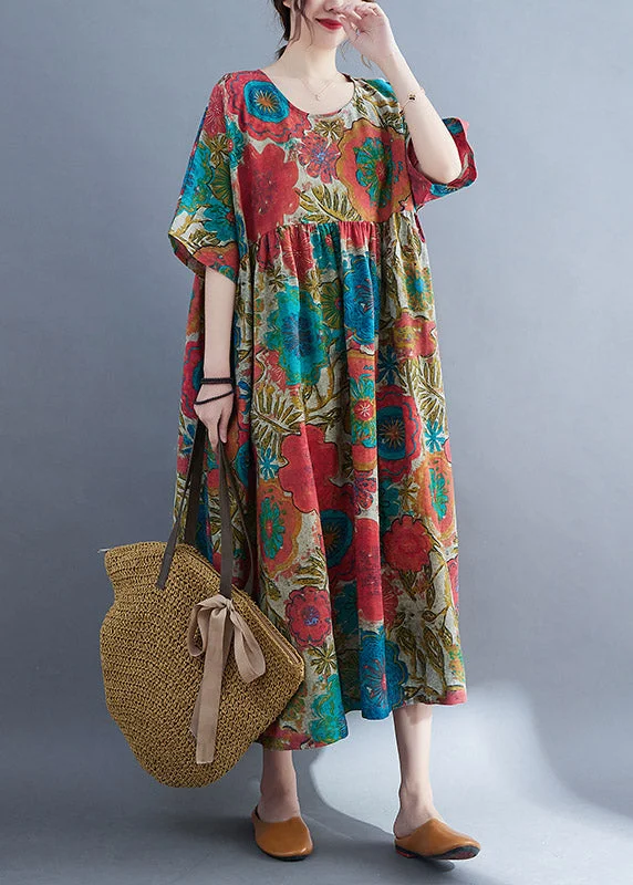 maxi dresses with beltsBohemian Red O-Neck Cinched Print Linen Long Dress Short Sleeve