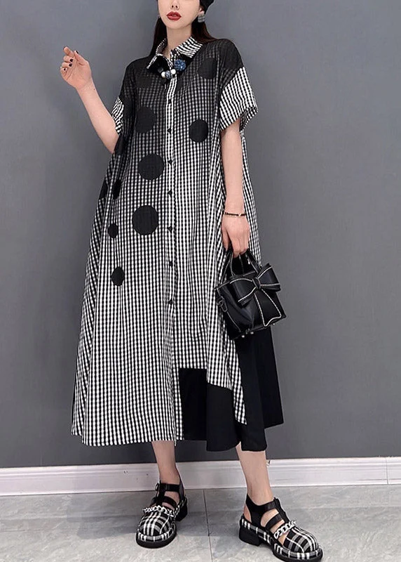 maxi dresses with cold-shoulder cutsGrey Dot Print Patchwork Long Dress Loose wrinkled Short Sleeve