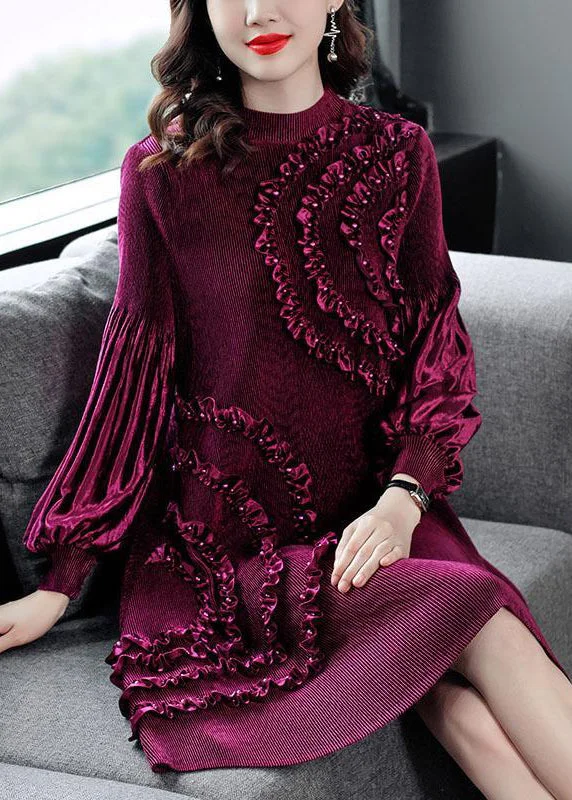 maxi dresses for semi-formal eventsStylish Rose Turtleneck Ruffled Patchwork Silk Velour Long Dress Fall