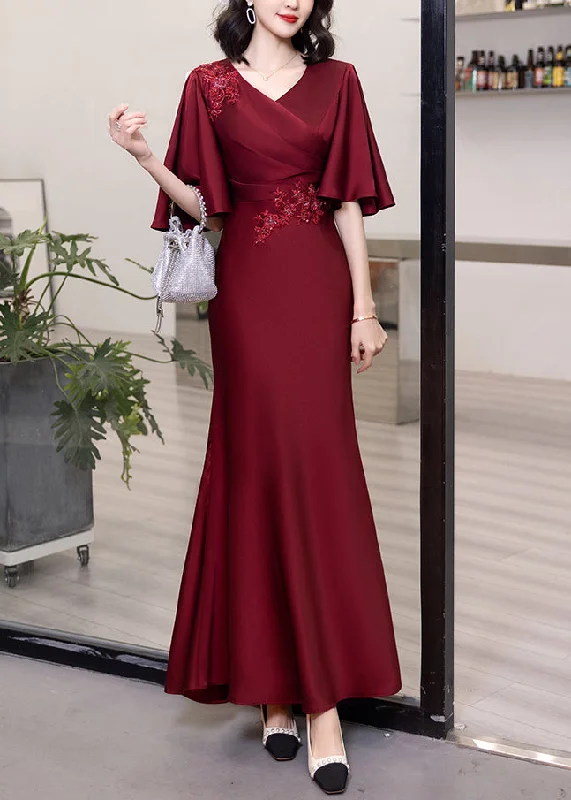 maxi dresses with rufflesClassy Wine Red V Neck Embroidered Cotton Long Dresses Butterfly Sleeve